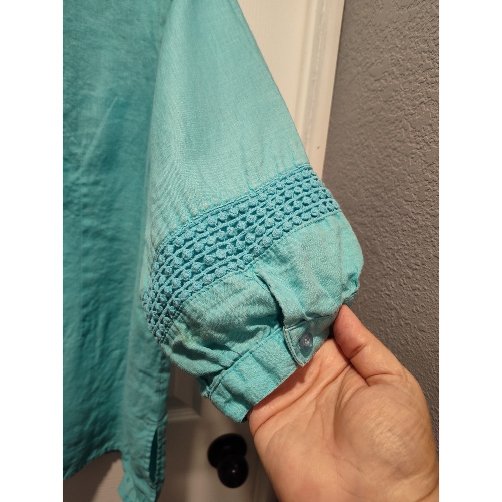 Susan Bristol 100% Linen Aqua 3/4 Sleeve Button Neck Shirt Sz‎ 1X Cool Light - Picture 4 of 6